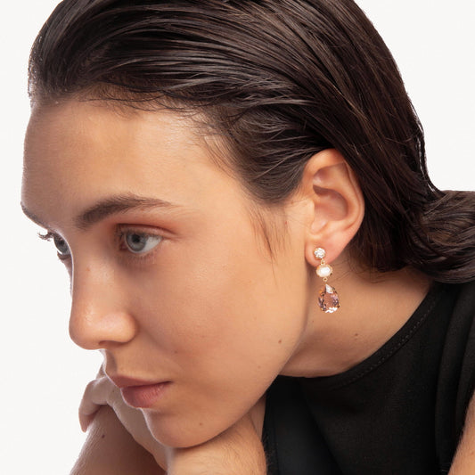 Pend. Largos Lágrima rosa dorados