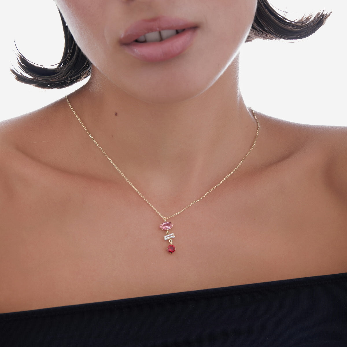 Collar colgante cristales multicolor(rosa) dorado