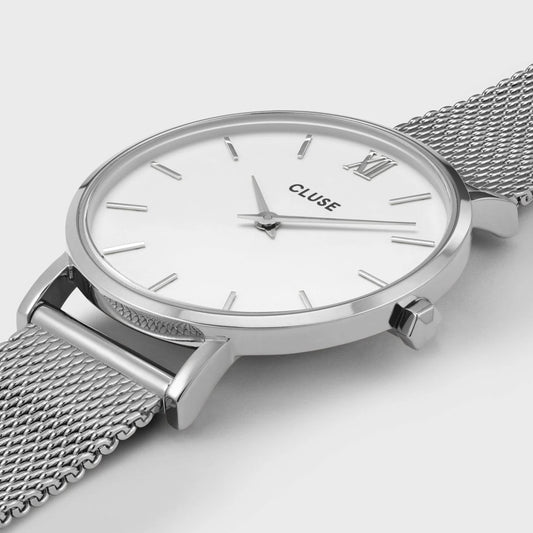 Minuit Watch Mesh, White, Silver Colour