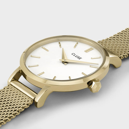 Boho Chic Petite Watch Mesh, White, Gold Colour