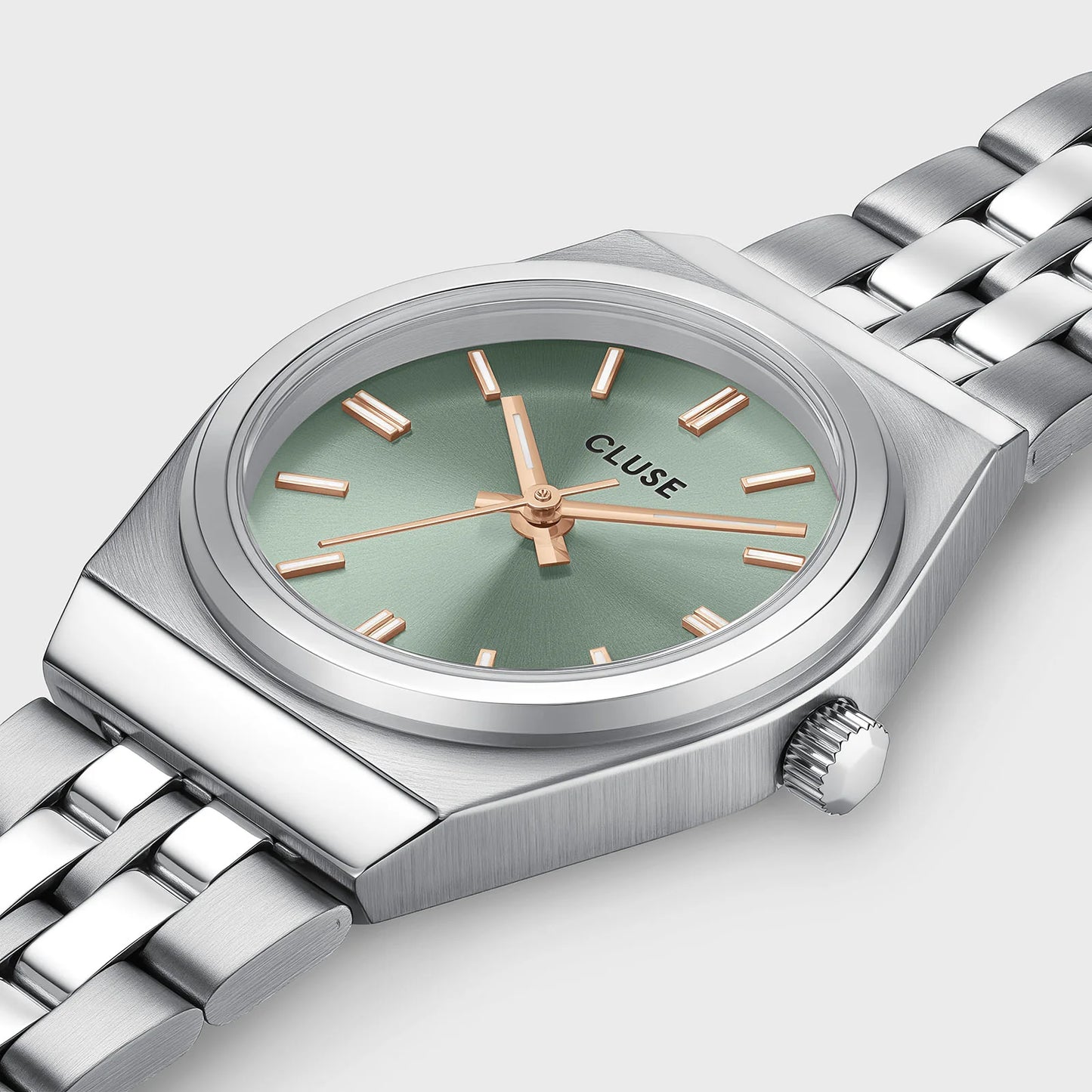 Retro 70s Mini Watch Steel, Sage Green, Silver Colour
