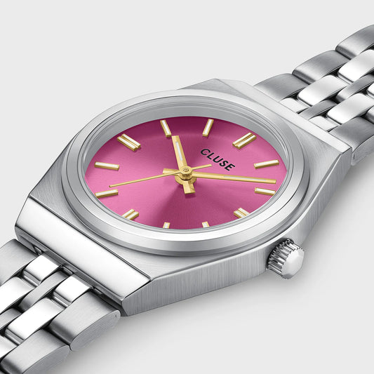 Retro 70s Mini Watch Steel, Fuchsia, Silver Colour