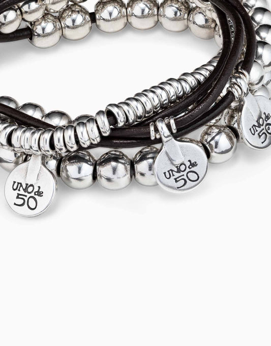 Unode50 Pulsera de cuero y baño en plata de ley