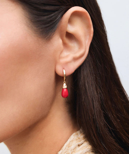 Pendientes de aro ovales Zahara con coral sintético rojo