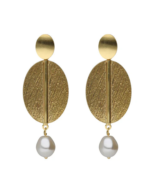 Pendientes largos textura oval Sera con perla barroca en Plata