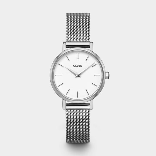 Boho Chic Petite Watch Mesh, White, Silver Colour