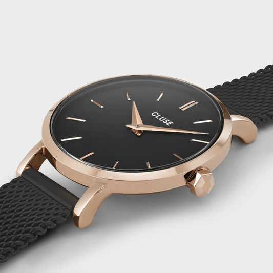 Boho Chic Petite Watch Mesh, Full Black, Rose Gold Colour