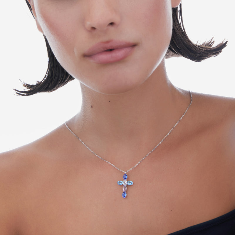 V.C. Collar cruz cristal oval azul en plata
