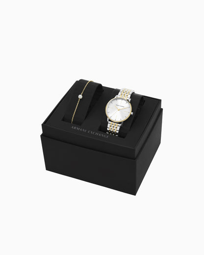 Conjunto de reloj y pulsera de acero inoxidable de tres manecillas bicolor