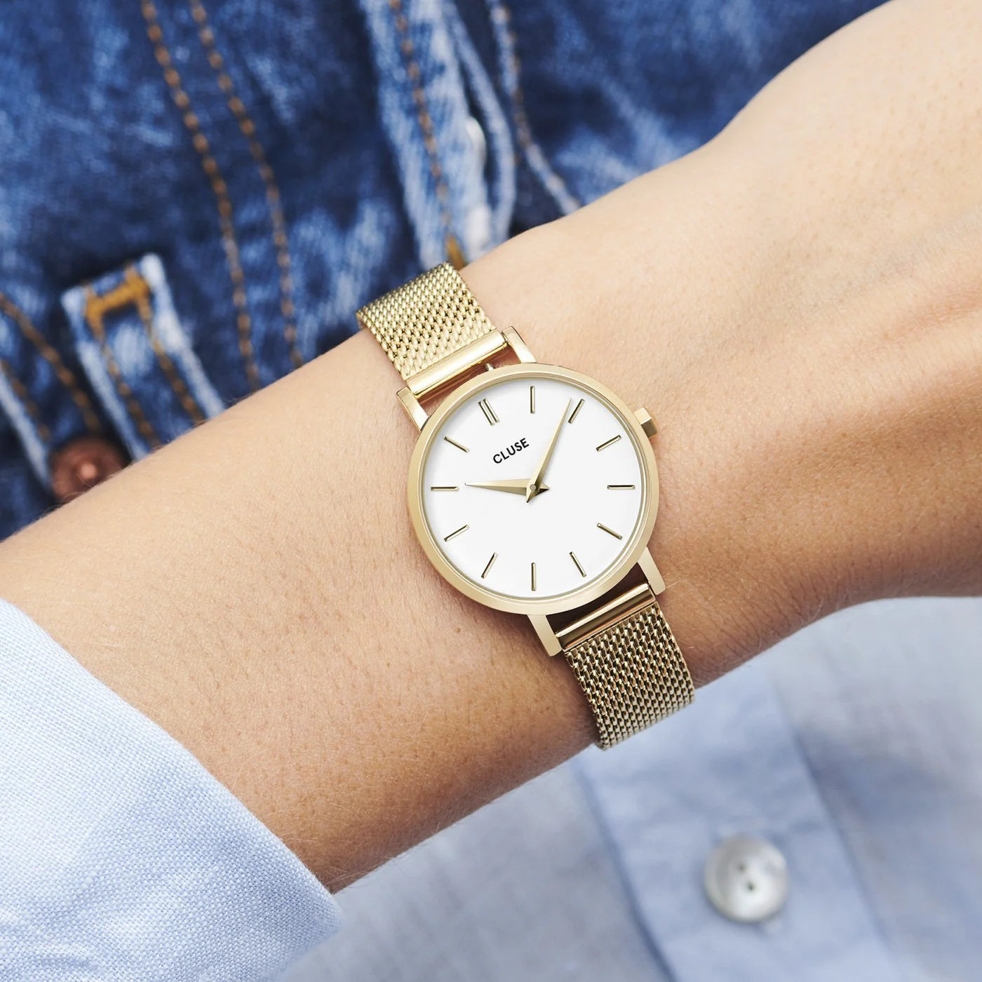 Boho Chic Petite Watch Mesh, White, Gold Colour