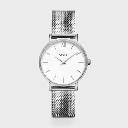 Minuit Watch Mesh, White, Silver Colour