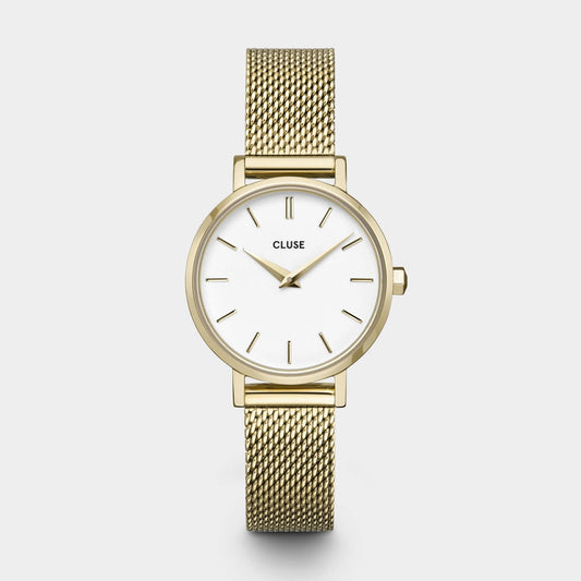 Boho Chic Petite Watch Mesh, White, Gold Colour