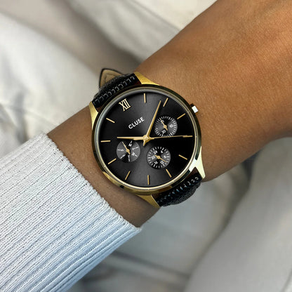 Minuit Multifunction Black Watch Leather, Black Lizard, Gold Colour