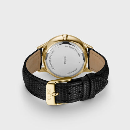 Minuit Multifunction Black Watch Leather, Black Lizard, Gold Colour