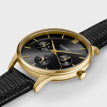 Minuit Multifunction Black Watch Leather, Black Lizard, Gold Colour