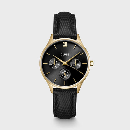 Minuit Multifunction Black Watch Leather, Black Lizard, Gold Colour