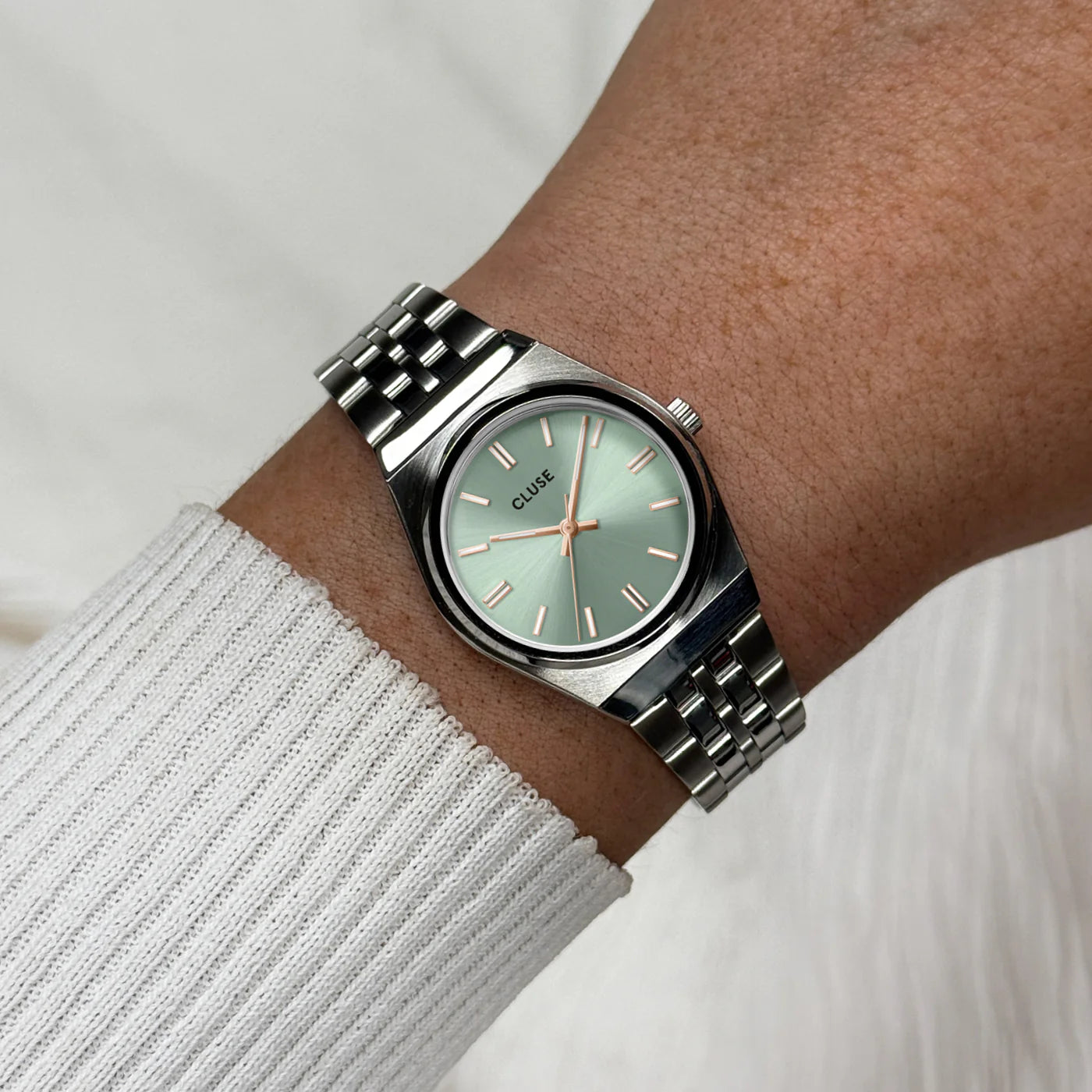 Retro 70s Mini Watch Steel, Sage Green, Silver Colour