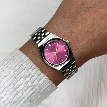 Retro 70s Mini Watch Steel, Fuchsia, Silver Colour