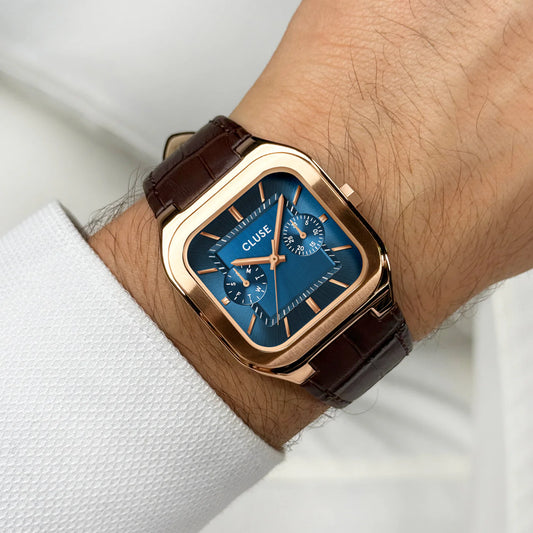 Quadrus Multifunction Watch Leather, Blue, Rose Gold Colour