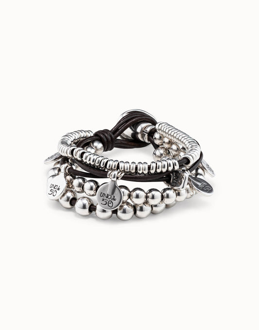 Unode50 Pulsera de cuero y baño en plata de ley