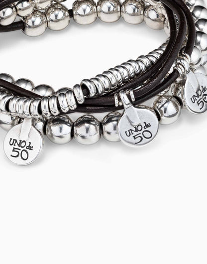 Unode50 Pulsera de cuero y baño en plata de ley