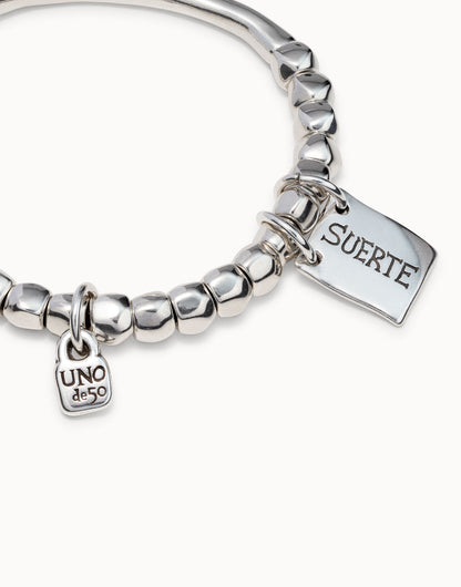 Unode50 Pulsera de cuentas, pieza tubular y chapa con mensaje bañado en plata (suerte)