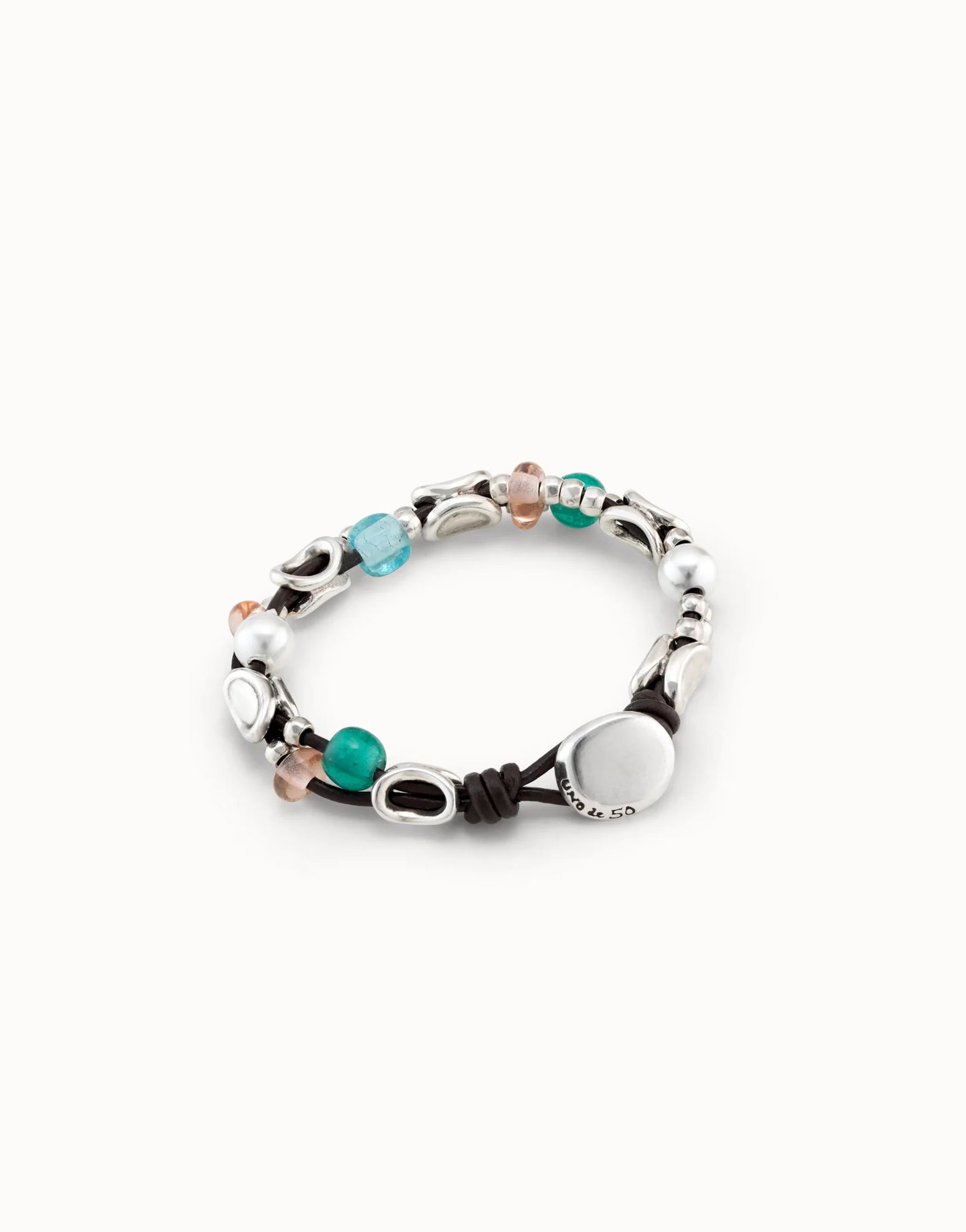 Unode50 Pulsera de cuero  y cristales artesales