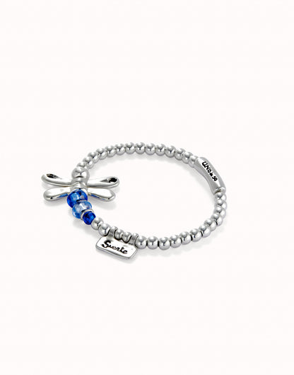 Unode50 Pulsera elástica con libélula bañada en plata de ley con cristales azules