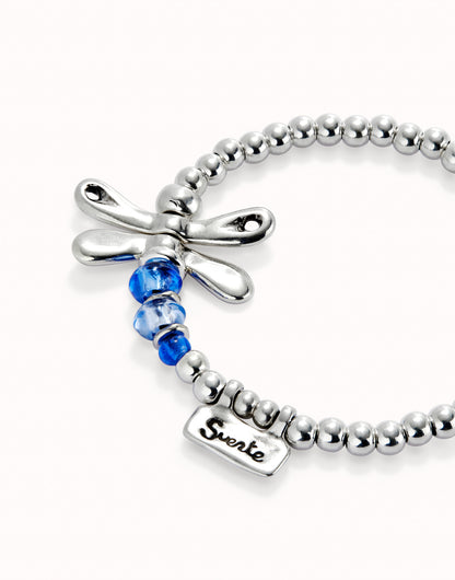 Unode50 Pulsera elástica con libélula bañada en plata de ley con cristales azules