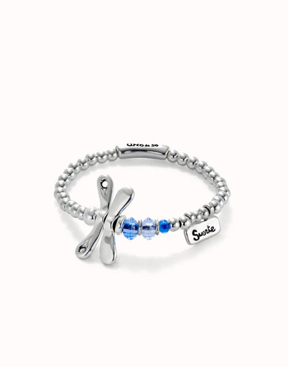 Unode50 Pulsera elástica con libélula bañada en plata de ley con cristales azules