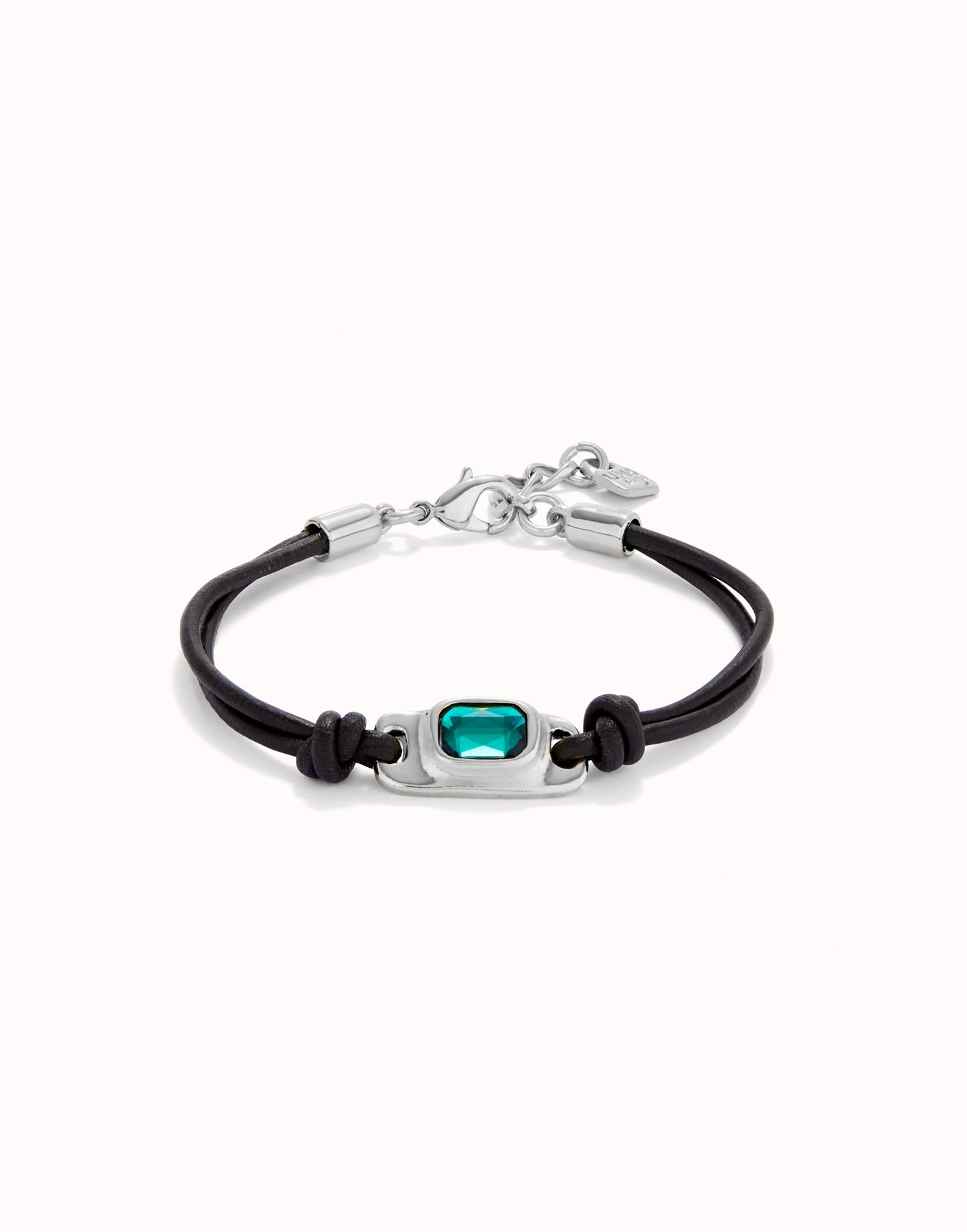 Unode50 Pulsera de cuero bañada en plata de ley con cristal verde