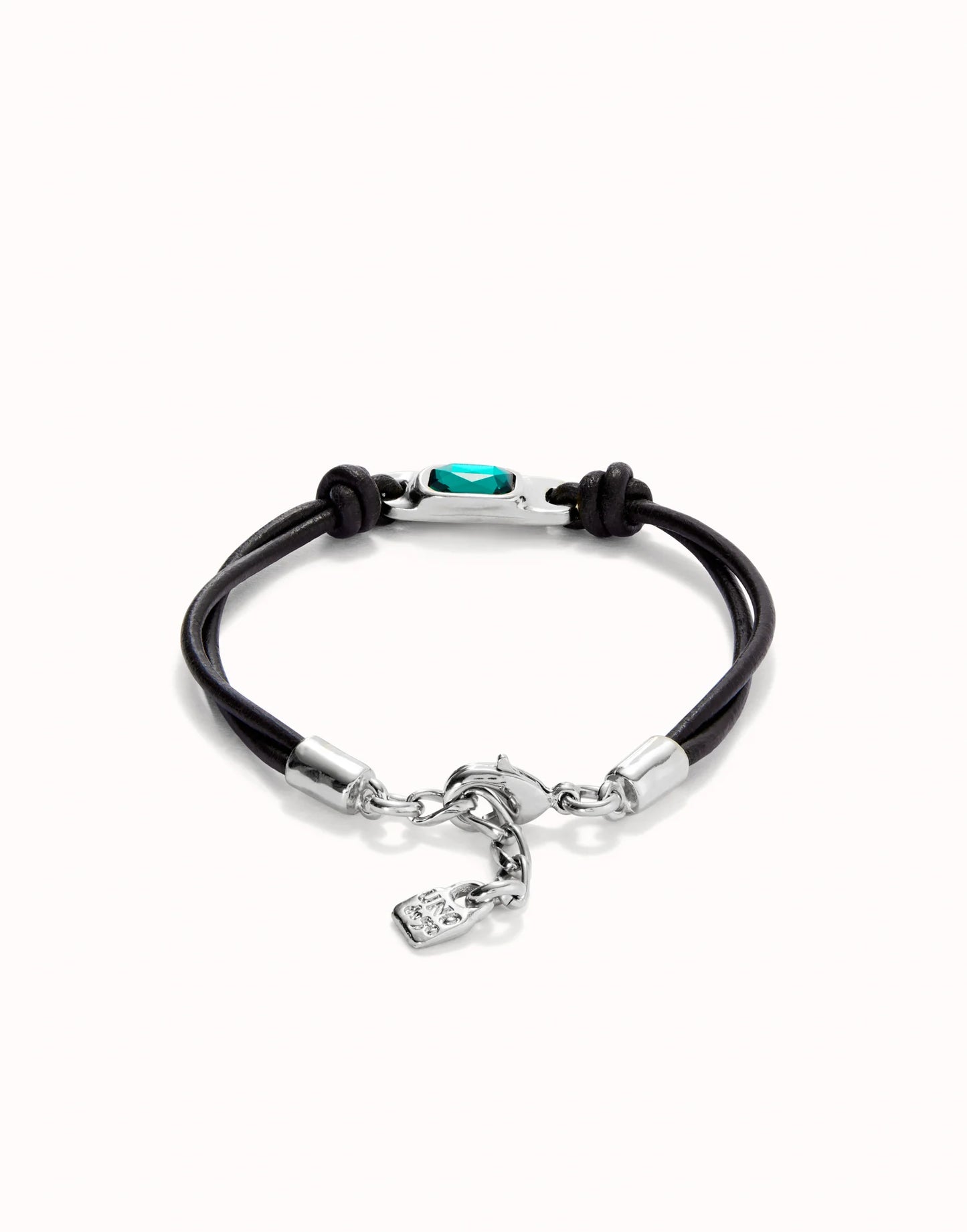 Unode50 Pulsera de cuero bañada en plata de ley con cristal verde