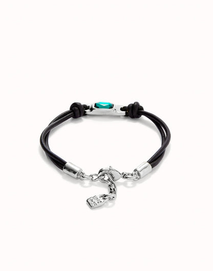 Unode50 Pulsera de cuero bañada en plata de ley con cristal verde