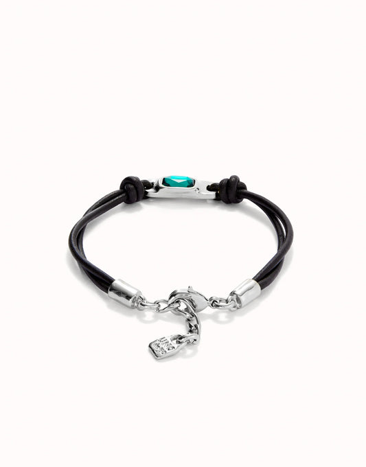 Unode50 Pulsera de cuero bañada en plata de ley con cristal verde