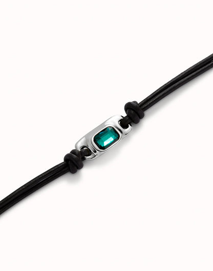 Unode50 Pulsera de cuero bañada en plata de ley con cristal verde