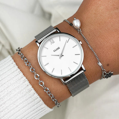 Minuit Watch Mesh, White, Silver Colour