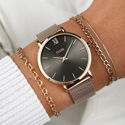 Minuit Watch Mesh, Grey, Rose Gold Colour
