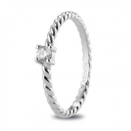 Anillo Solitario de Oro Blanco Trenzado con Circonita